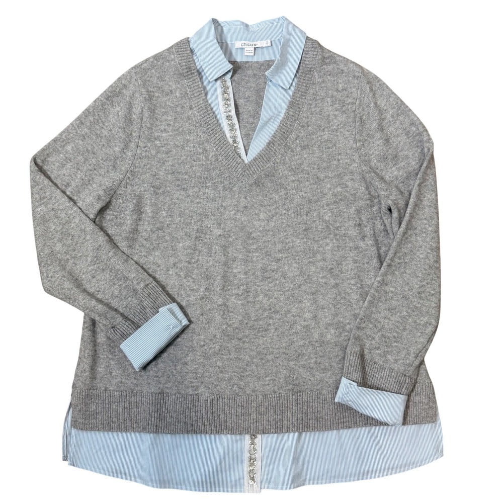 Chicos Chic Collared Gray Blue Sweater (2/L) 
Office Winter Elevated Casual